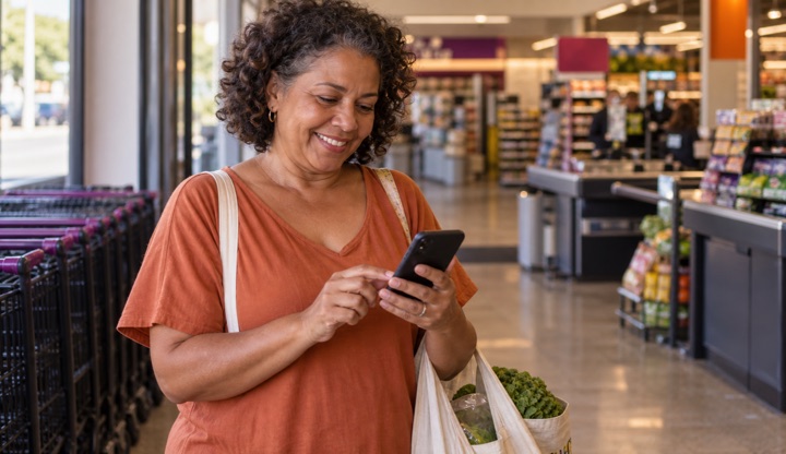 Consumidora usando o celular após uma compra no supermercado